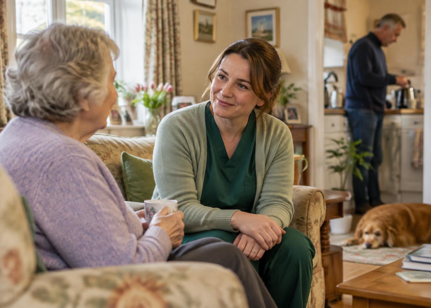 A community nurse listening to an older woman during a home visit