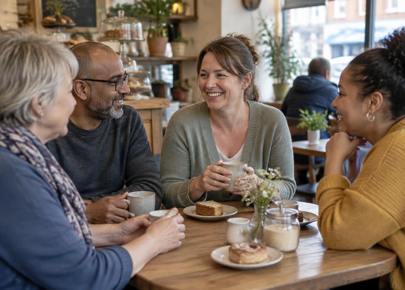 The same community nurse meeting friends and neighbours in a local cafe