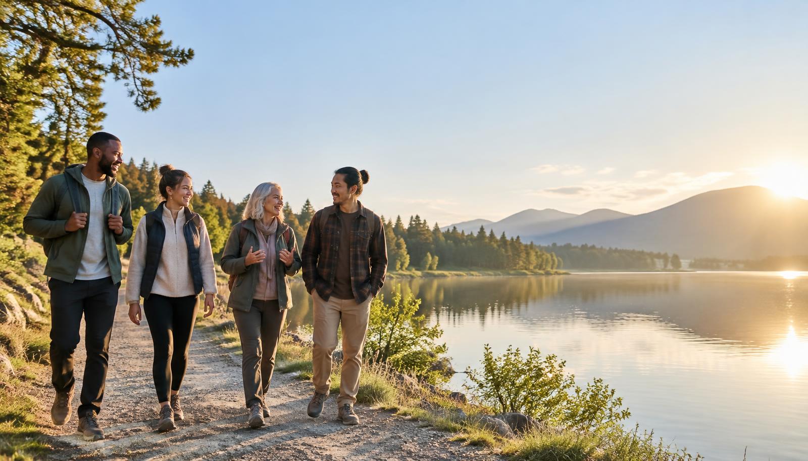 A diverse community walking together beside a lake